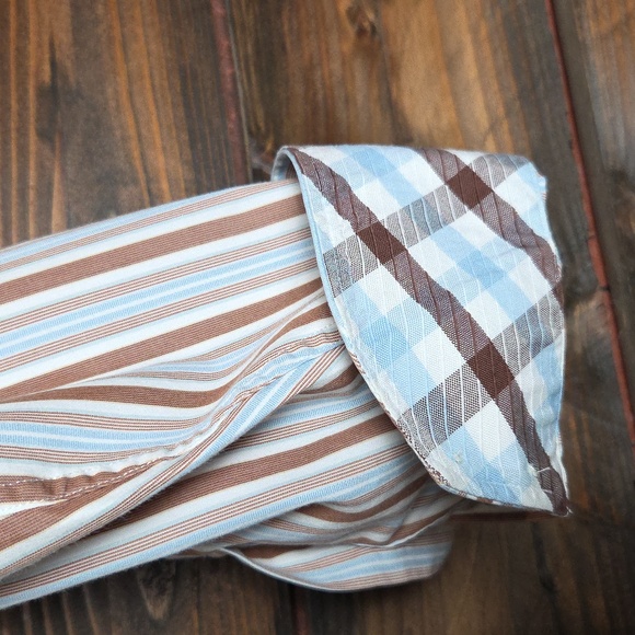 Striped Button-Up Shirt with Plaid Geometric Trim 100% Cotton XL - Picture 8 of 16